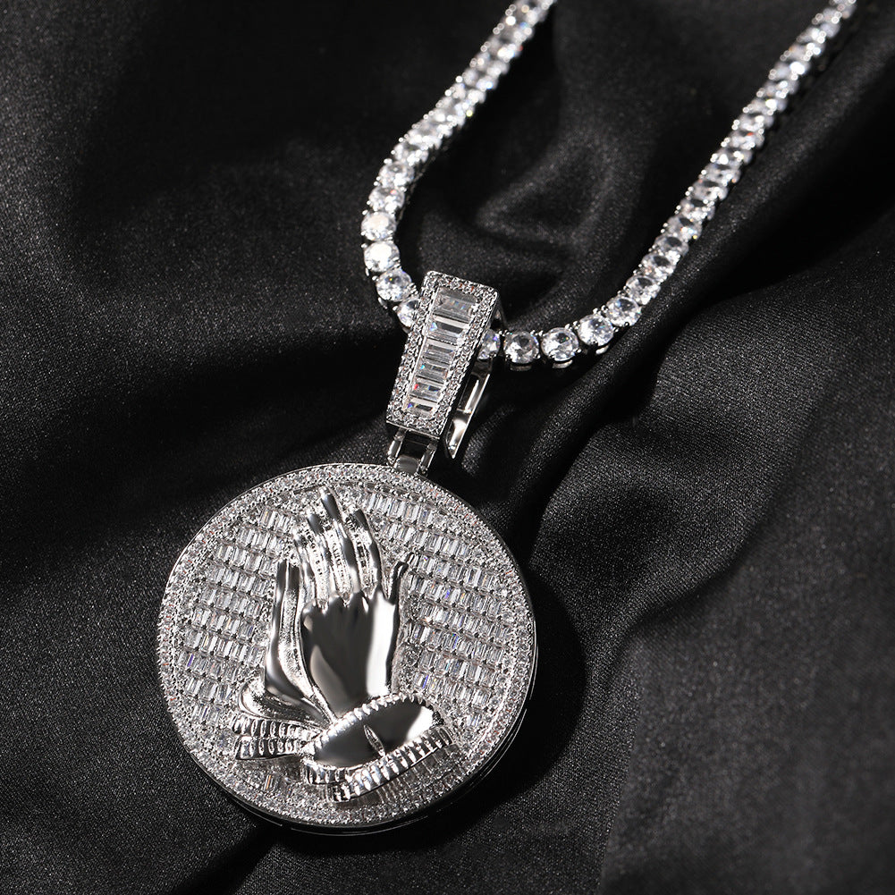Hip-hop round disc zircon-encrusted praying hands pendant - MERGE.DAY.1.FREESTYLE