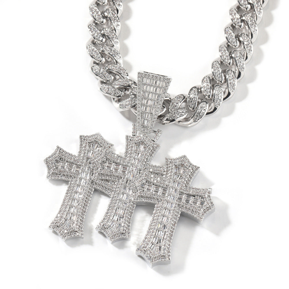 Hip-hop diamond-encrusted zircon three-cross Cuban necklace - MERGE.DAY.1.FREESTYLE