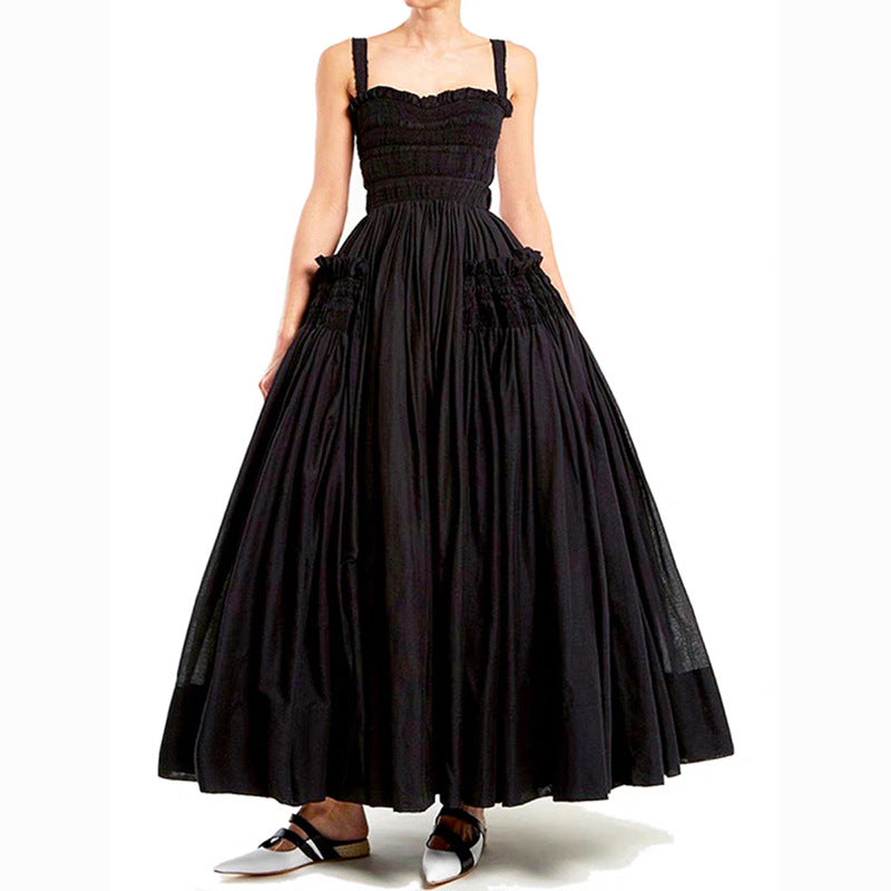 Pleated suspender long solid color full skirt dress - MERGE.DAY.1.FREESTYLE
