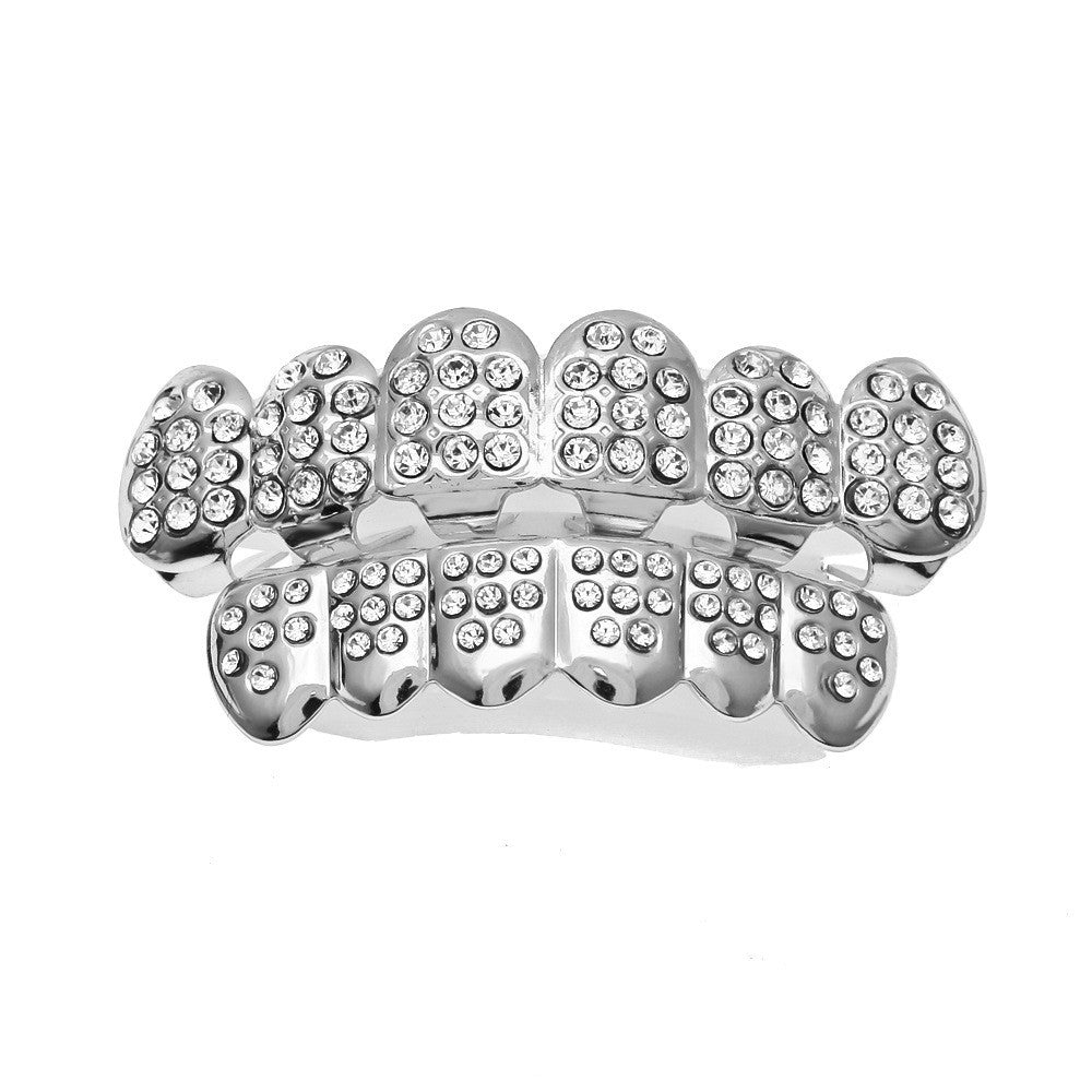Hip-hop diamond-encrusted and gold-plated teeth grillz