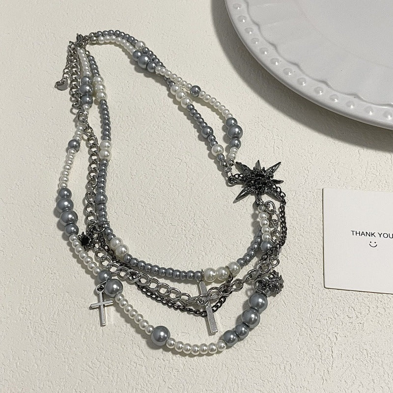 Cross star-shaped pearl multi-layered necklace - MERGE.DAY.1.FREESTYLE