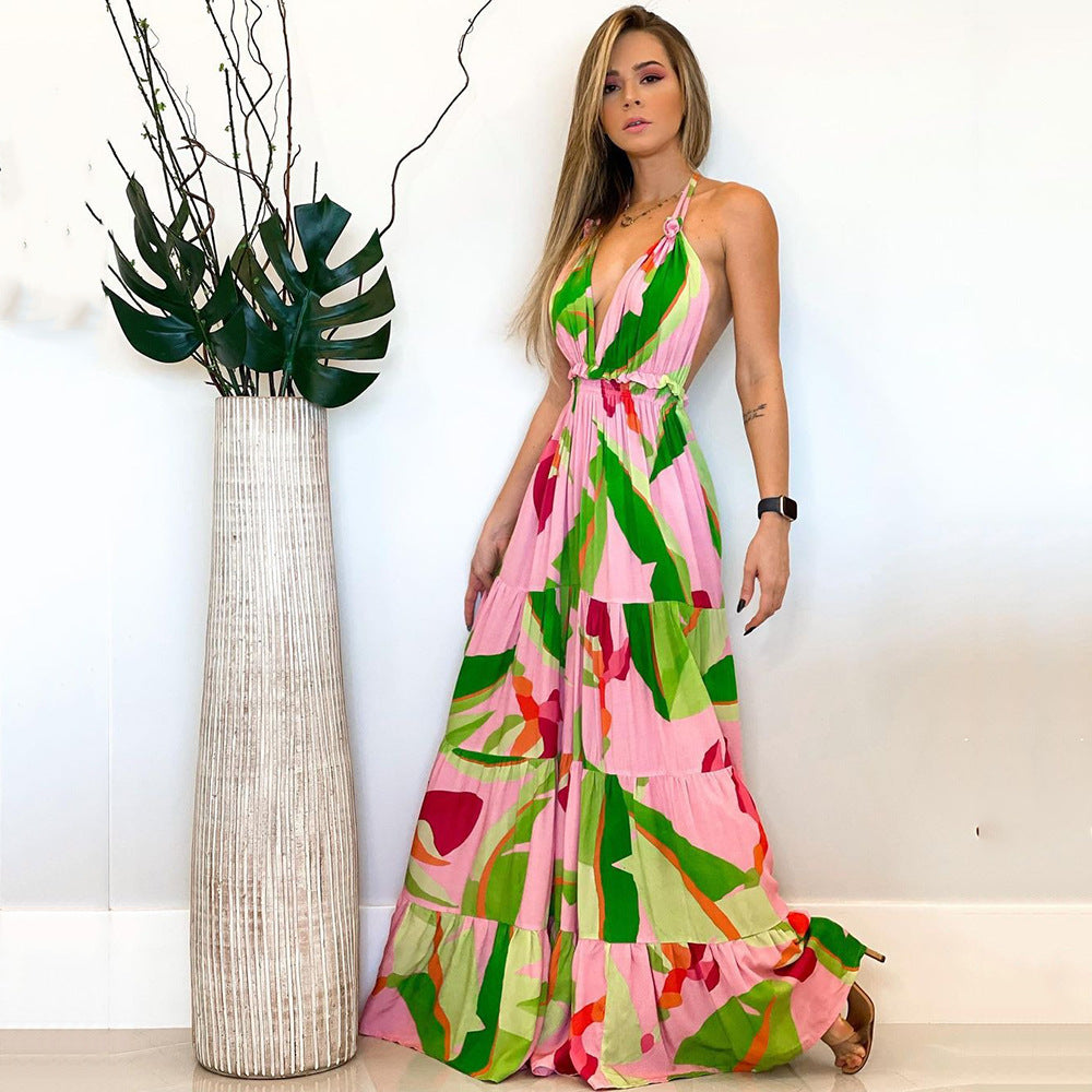 Spring and summer deep V backless dress Bohemian floral suspender dress - MERGE.DAY.1.FREESTYLE