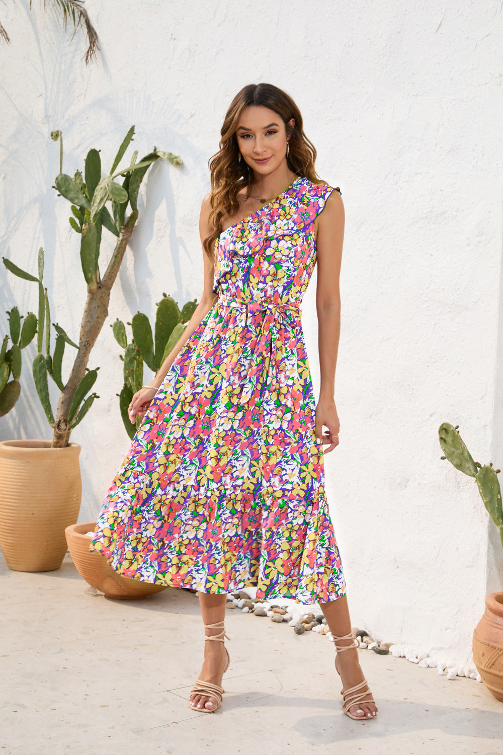 Slanted Shoulder Strap Floral Print Dress Casual Holiday Swing Dress - MERGE.DAY.1.FREESTYLE