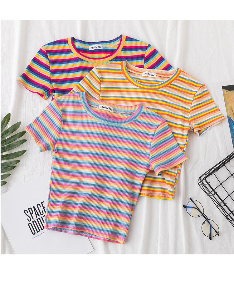 Women's short navel-baring rainbow striped tight T-shirt - MERGE.DAY.1.FREESTYLE
