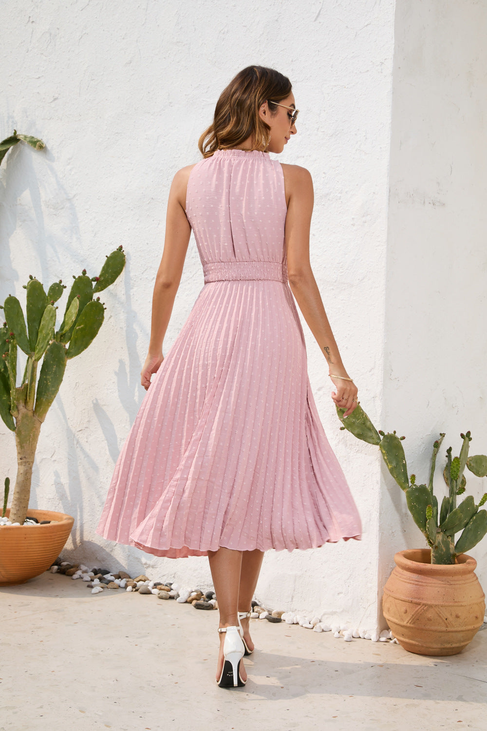 Tie High Waist Pleated Pom Dress Sleeveless Summer Dress - MERGE.DAY.1.FREESTYLE