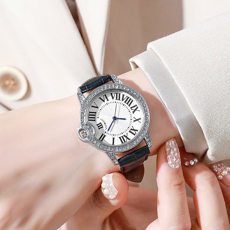 Fashion Diamond-Encrusted Women's Quartz Watch with Leather Strap - MERGE.DAY.1.FREESTYLE