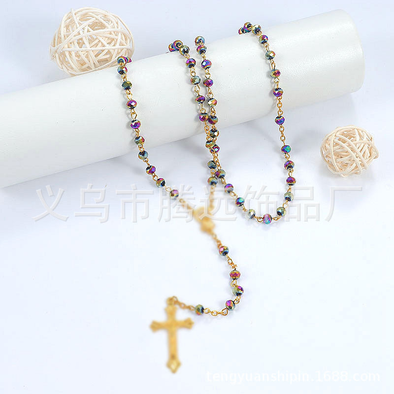 rosary necklace colorful pink crystal necklace - MERGE.DAY.1.FREESTYLE