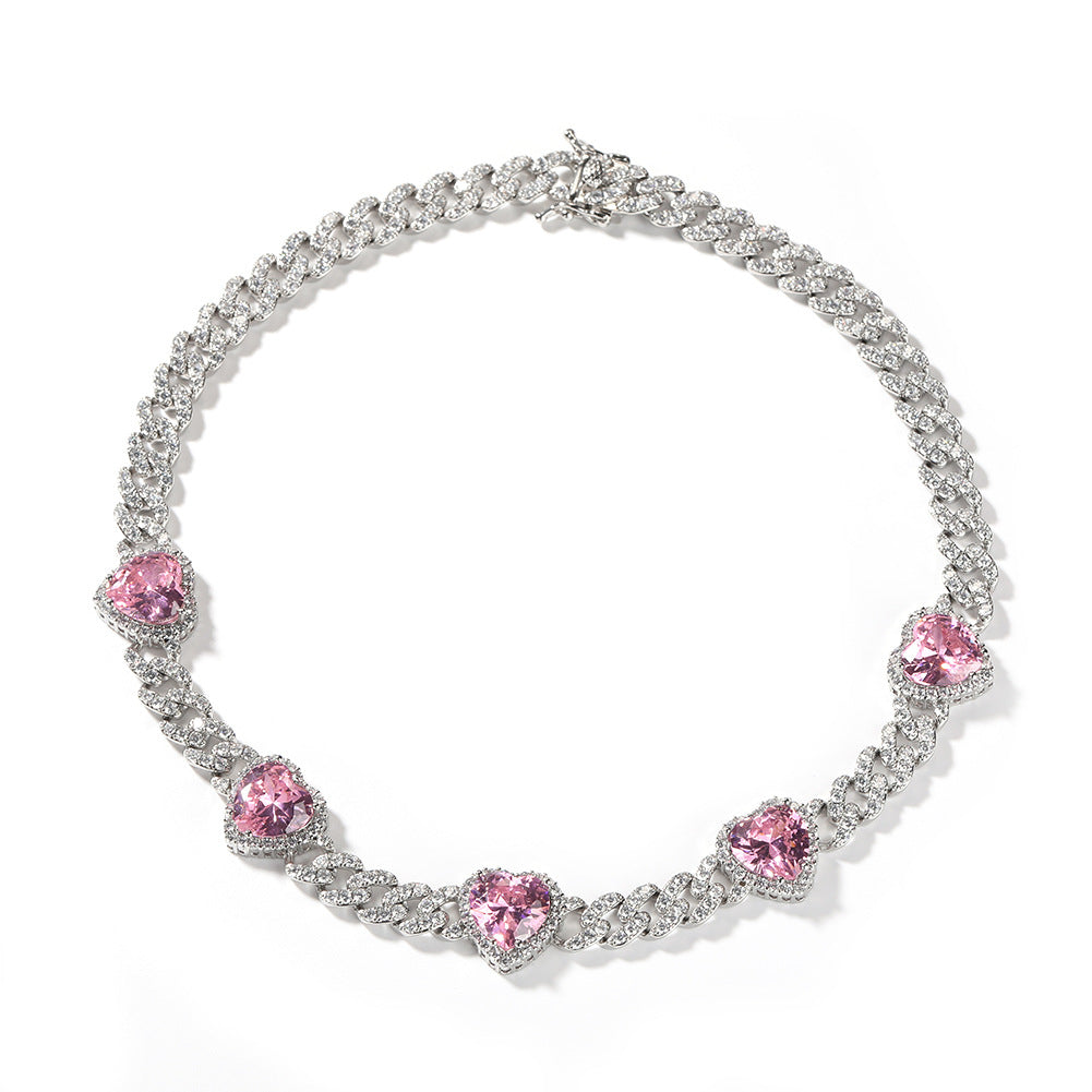 Heart Diamond Necklace Hip Hop 9MM Pink Zircon Cuban Chain - MERGE.DAY.1.FREESTYLE