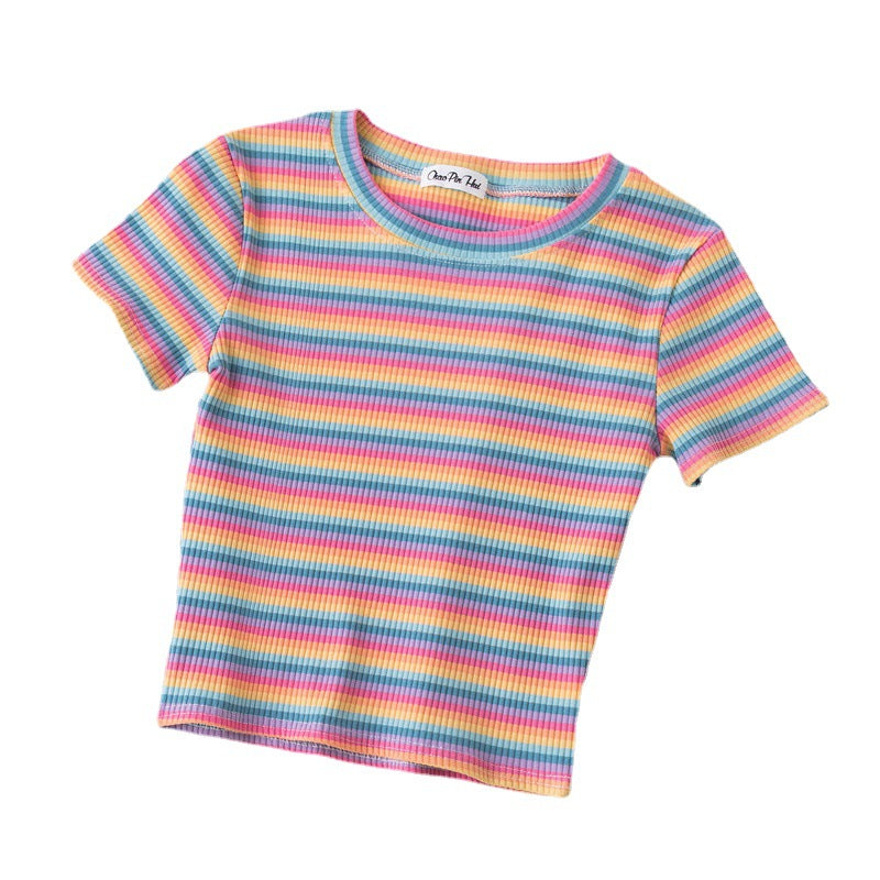 Women's short navel-baring rainbow striped tight T-shirt - MERGE.DAY.1.FREESTYLE