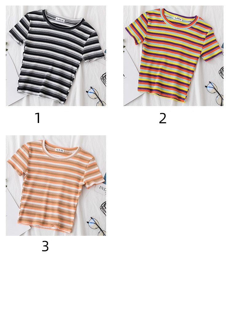 Women's short navel-baring rainbow striped tight T-shirt - MERGE.DAY.1.FREESTYLE