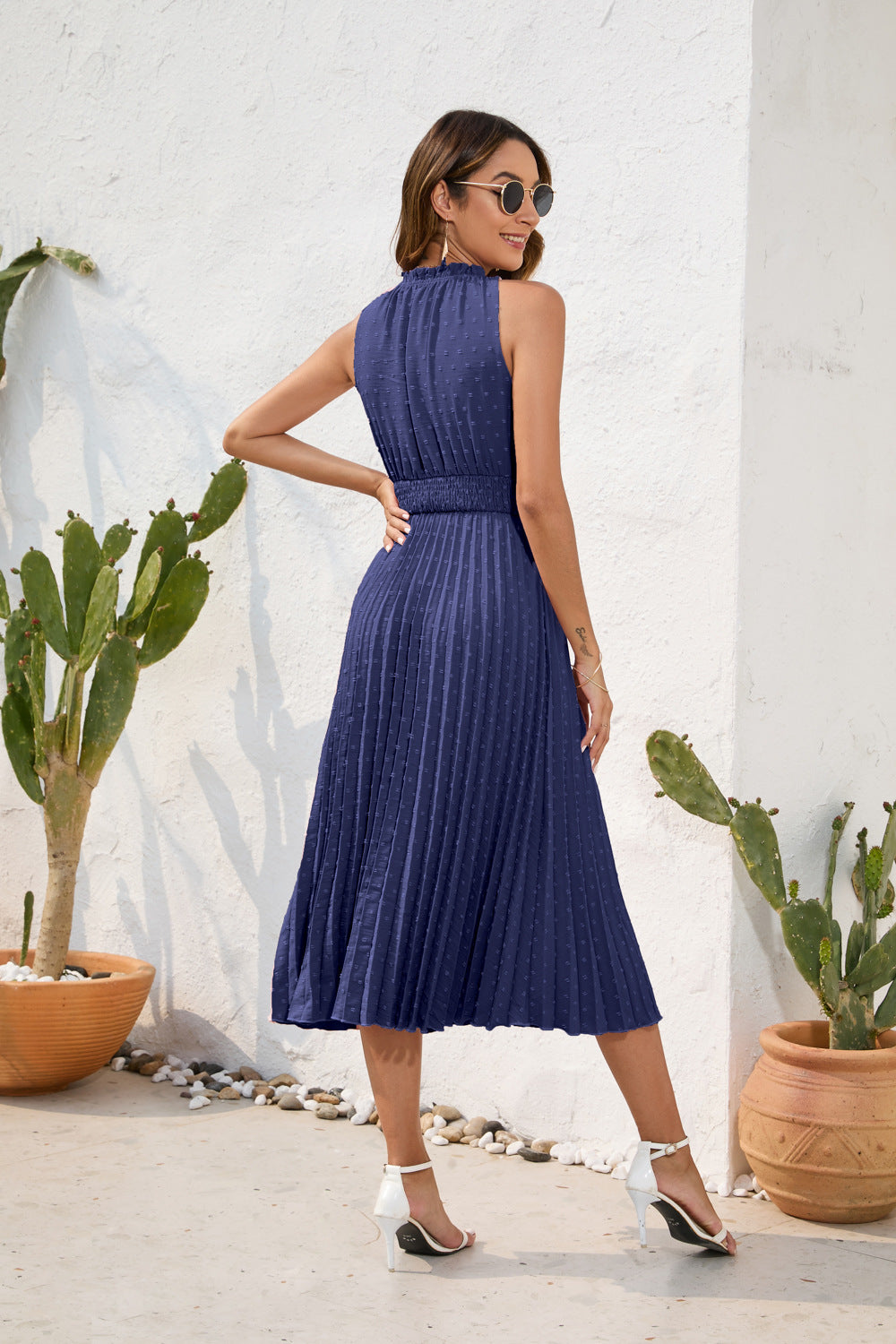 Tie High Waist Pleated Pom Dress Sleeveless Summer Dress - MERGE.DAY.1.FREESTYLE