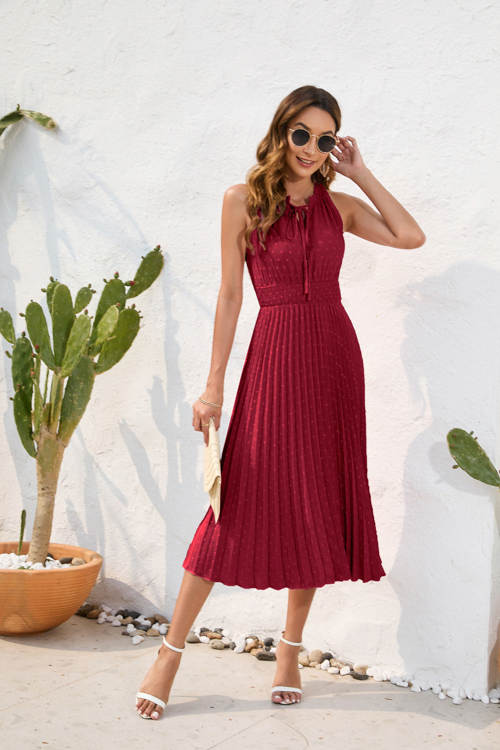Tie High Waist Pleated Pom Dress Sleeveless Summer Dress - MERGE.DAY.1.FREESTYLE