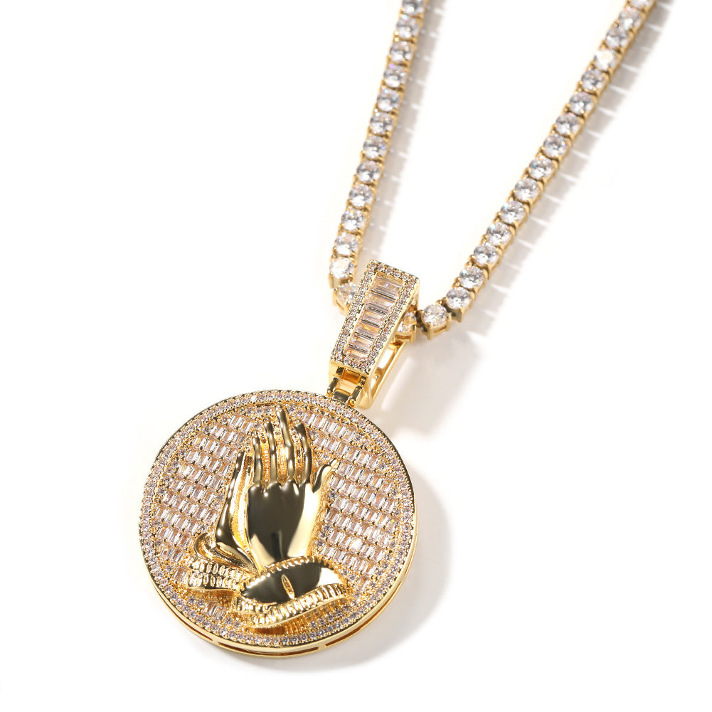Hip-hop round disc zircon-encrusted praying hands pendant - MERGE.DAY.1.FREESTYLE