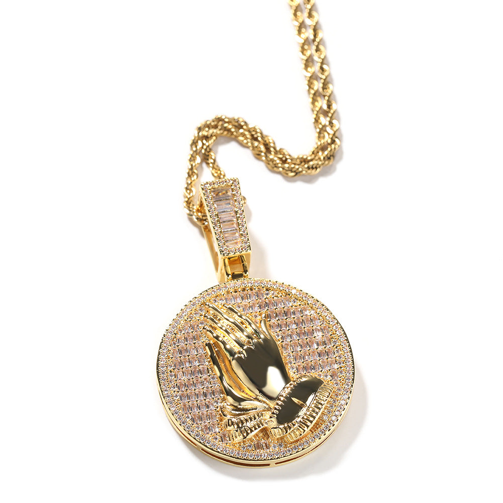 Hip-hop round disc zircon-encrusted praying hands pendant - MERGE.DAY.1.FREESTYLE