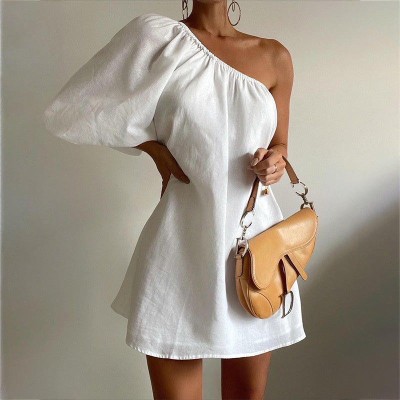2023 Loose Slim Slanted Shoulder Short Dress - MERGE.DAY.1.FREESTYLE