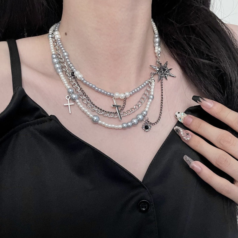 Cross star-shaped pearl multi-layered necklace - MERGE.DAY.1.FREESTYLE