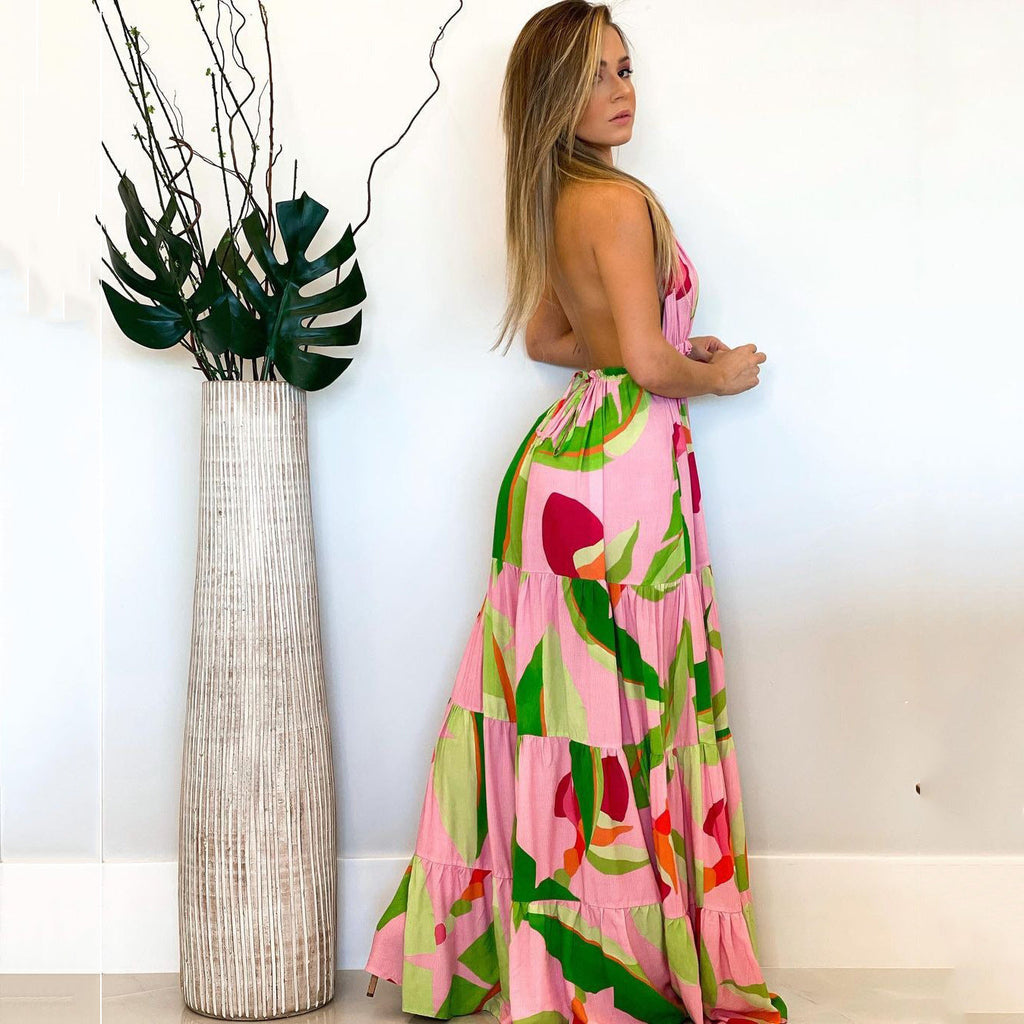 Spring and summer deep V backless dress Bohemian floral suspender dress - MERGE.DAY.1.FREESTYLE
