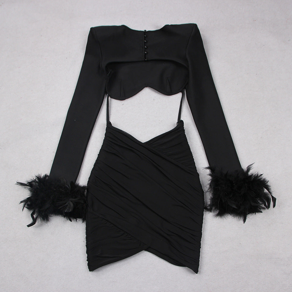 Commuting temperament feather long-sleeved dress French dress - MERGE.DAY.1.FREESTYLE