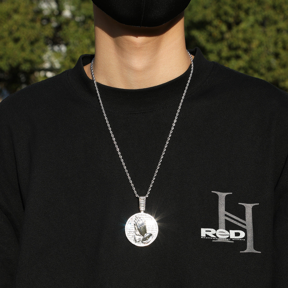 Hip-hop round disc zircon-encrusted praying hands pendant - MERGE.DAY.1.FREESTYLE