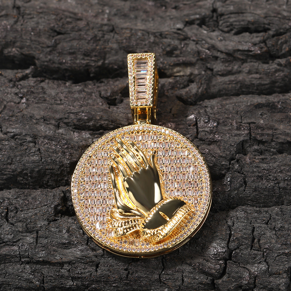 Hip-hop round disc zircon-encrusted praying hands pendant - MERGE.DAY.1.FREESTYLE