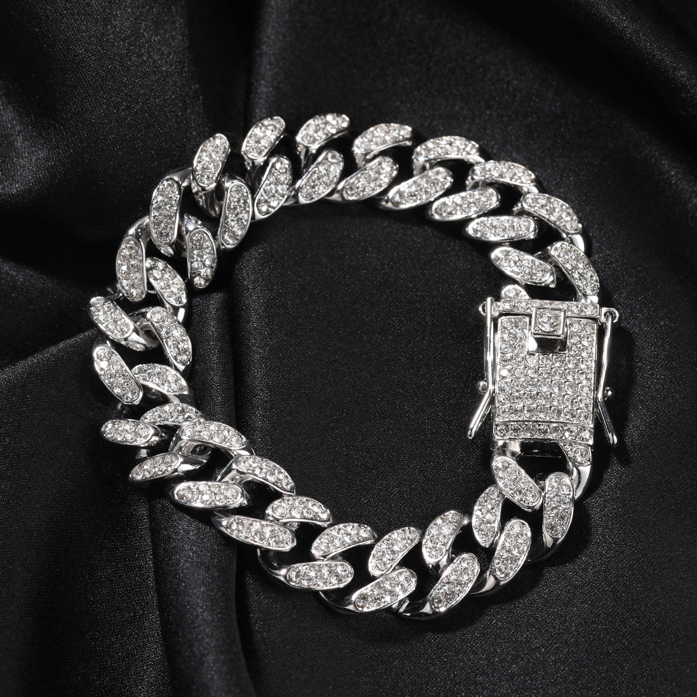 Hip-Hop 12mm Diamond-Encrusted Cuban Chain Bracelet - MERGE.DAY.1.FREESTYLE