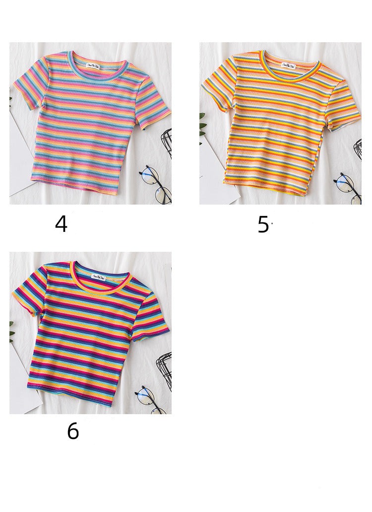 Women's short navel-baring rainbow striped tight T-shirt - MERGE.DAY.1.FREESTYLE