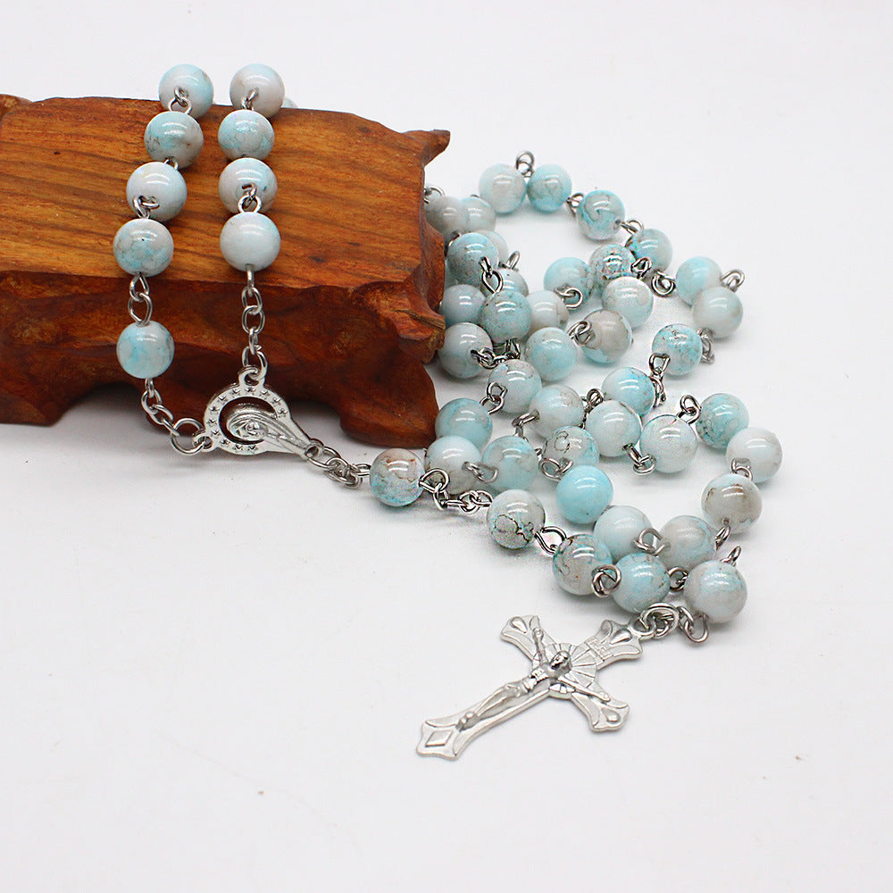 Zebra Blue Rosary Necklace Cross Necklace - MERGE.DAY.1.FREESTYLE