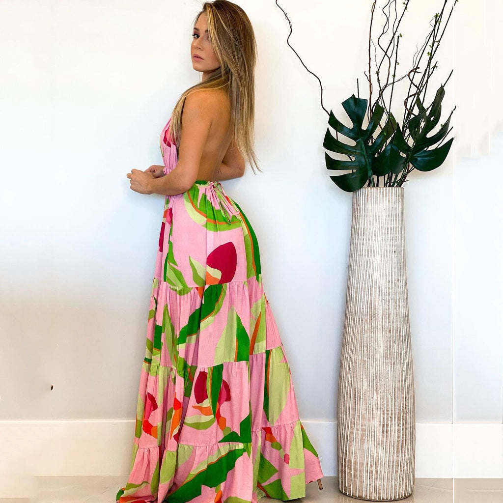 Spring and summer deep V backless dress Bohemian floral suspender dress - MERGE.DAY.1.FREESTYLE