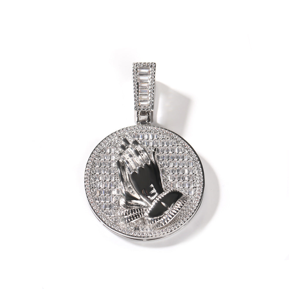 Hip-hop round disc zircon-encrusted praying hands pendant - MERGE.DAY.1.FREESTYLE