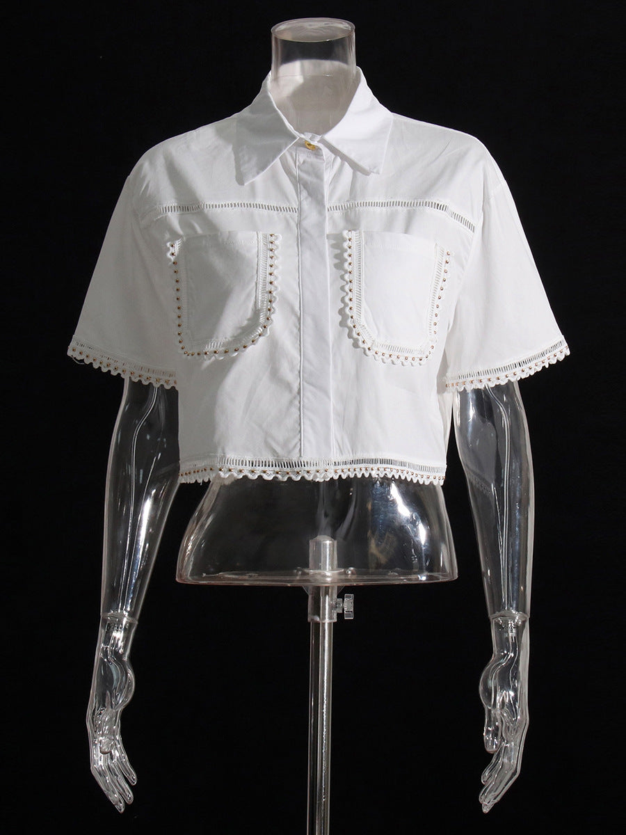 Lapel short-sleeved shirt + skirt lace embroidery two-piece suit for women - MERGE.DAY.1.FREESTYLE