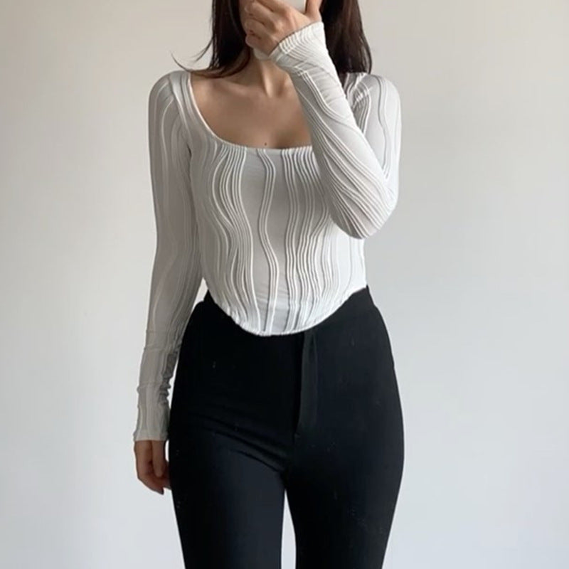 Autumn & Winter long-sleeved U-neck water ripple slim fit top T-shirt - MERGE.DAY.1.FREESTYLE