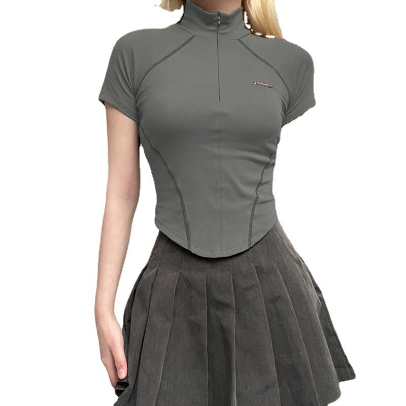 Invisible Zipper Stand Collar Short Sleeve Top Slim Fit Bottom T-Shirt - MERGE.DAY.1.FREESTYLE