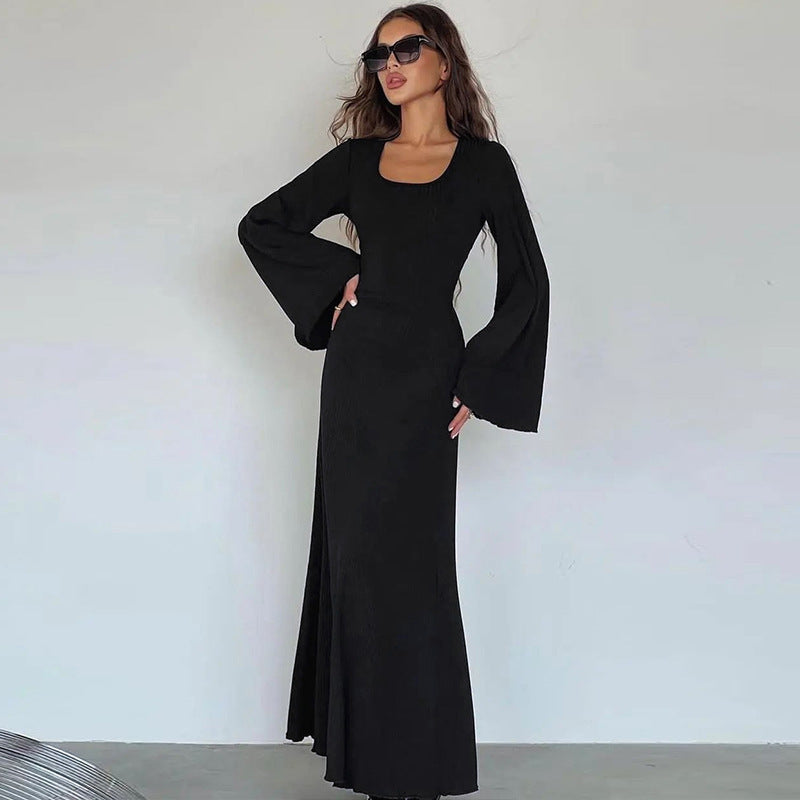 Autumn Fashion Loose U-neck Back Tie Long Sleeve Dress - MERGE.DAY.1.FREESTYLE
