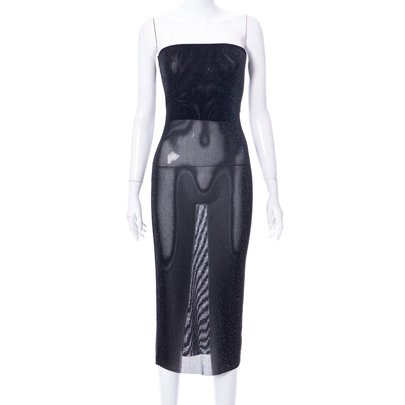 Spring low-cut solid mesh bandeau dress - MERGE.DAY.1.FREESTYLE