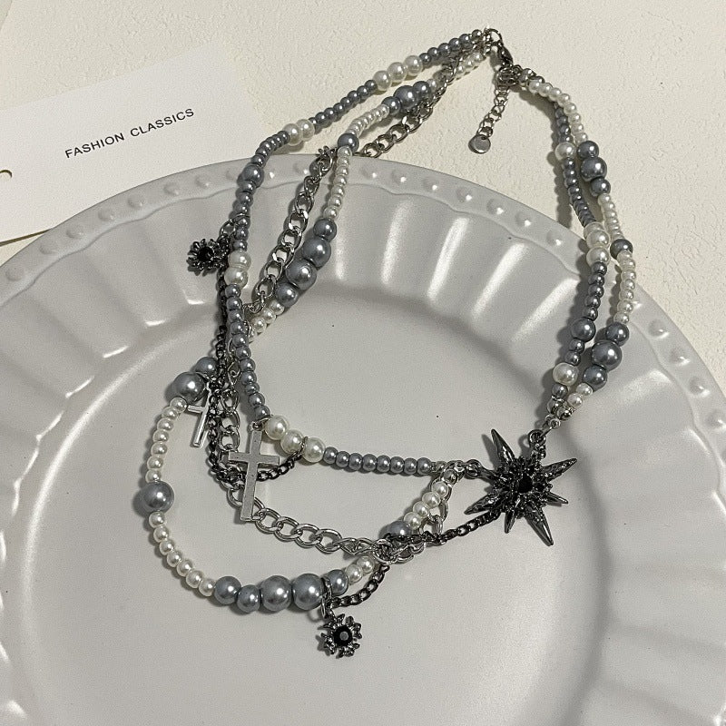 Cross star-shaped pearl multi-layered necklace - MERGE.DAY.1.FREESTYLE
