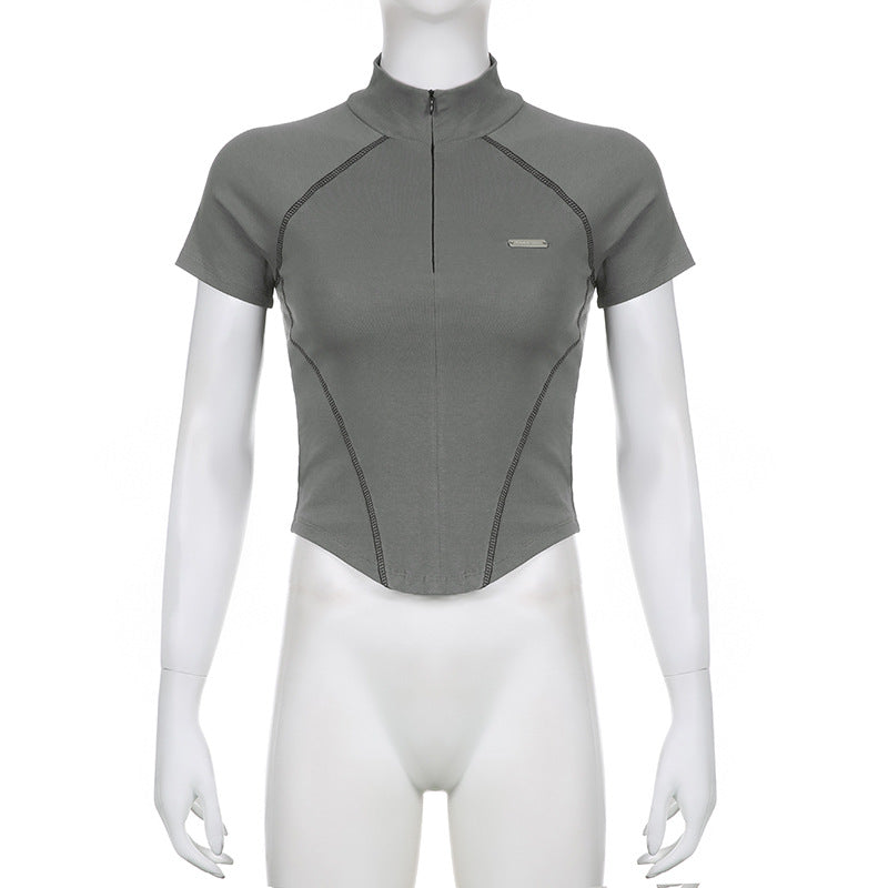 Invisible Zipper Stand Collar Short Sleeve Top Slim Fit Bottom T-Shirt - MERGE.DAY.1.FREESTYLE