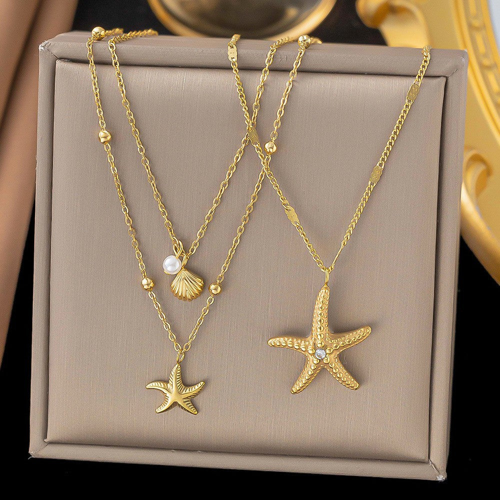 starfish shell necklace double-layer gold necklace - MERGE.DAY.1.FREESTYLE