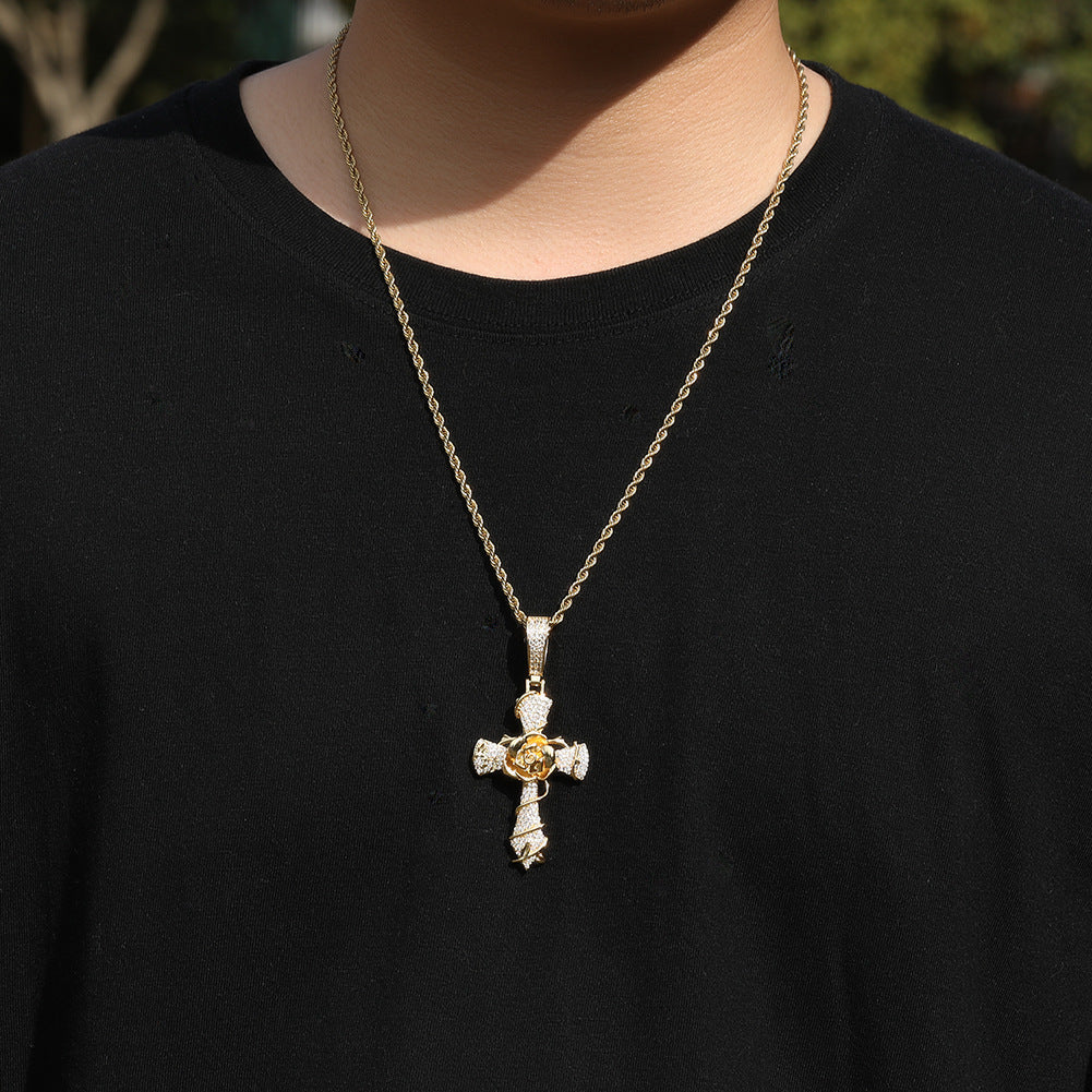 Copper set 5A zirconia rose cross pendant necklace - MERGE.DAY.1.FREESTYLE