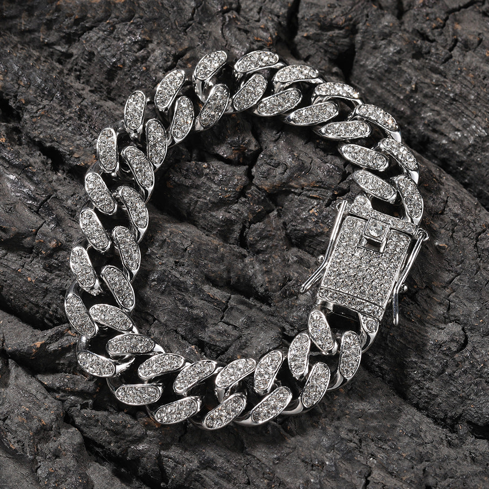 Hip-Hop 12mm Diamond-Encrusted Cuban Chain Bracelet - MERGE.DAY.1.FREESTYLE