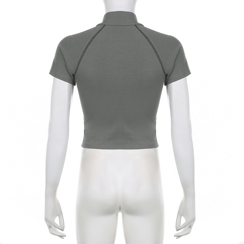 Invisible Zipper Stand Collar Short Sleeve Top Slim Fit Bottom T-Shirt - MERGE.DAY.1.FREESTYLE