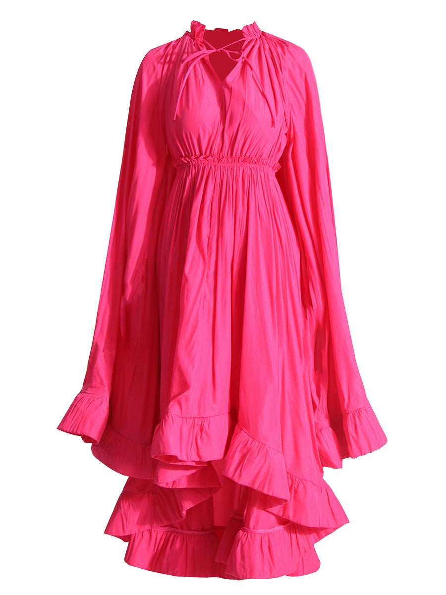 French Palace Style V-Neck Long Sleeve Shawl Pleated Ruffle Dress - MERGE.DAY.1.FREESTYLE