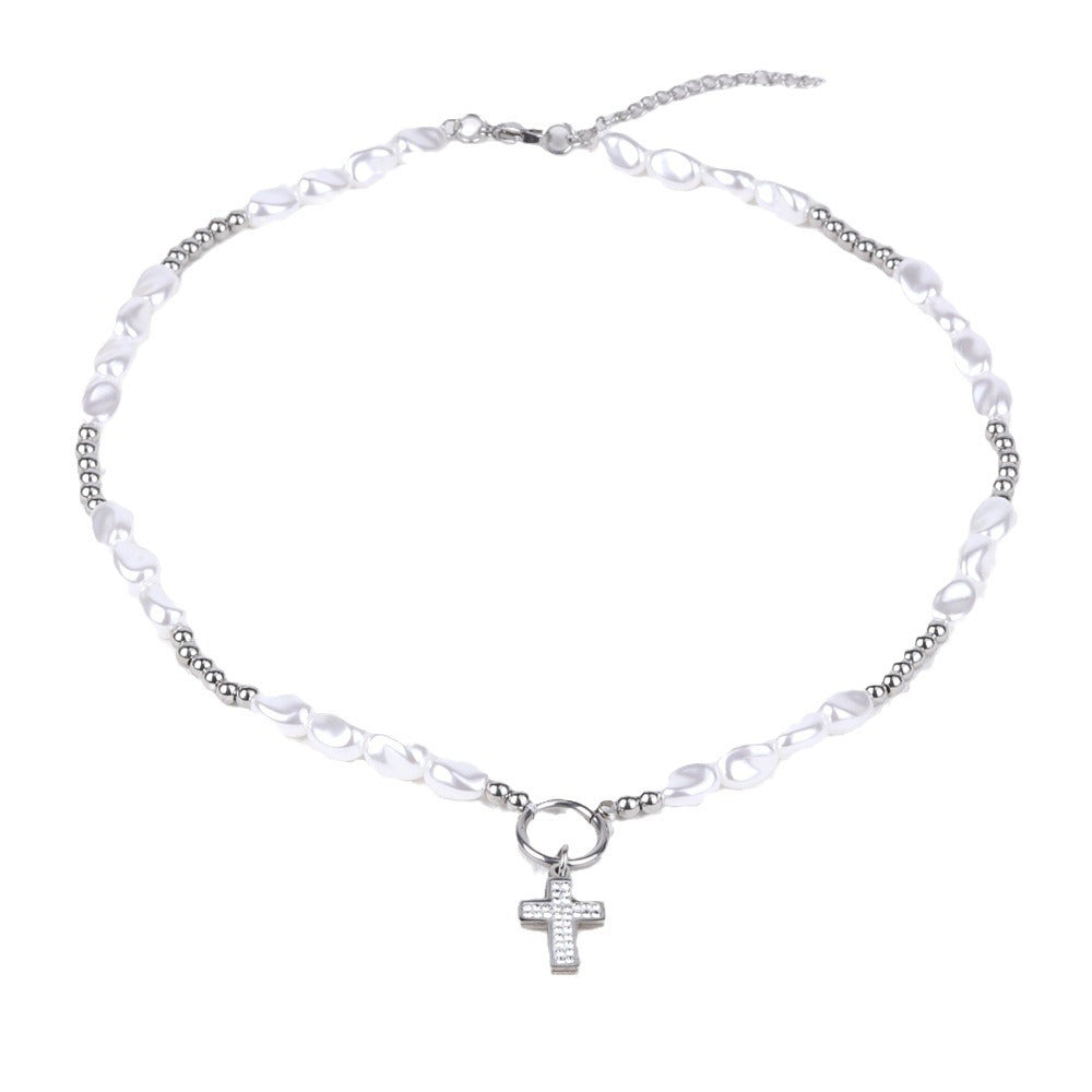 round pearl titanium steel cross necklace - MERGE.DAY.1.FREESTYLE