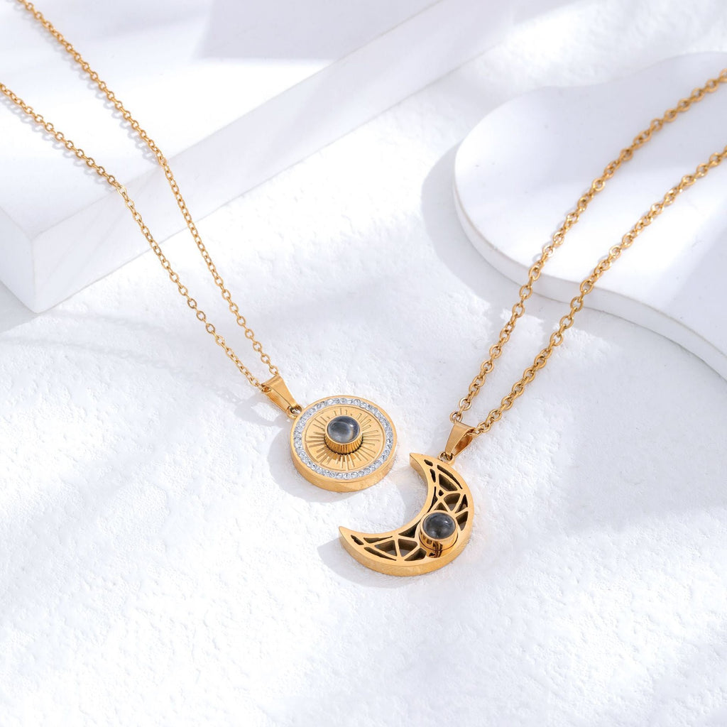 Gold sun and moon projection matching necklaces for couples - MERGE.DAY.1.FREESTYLE