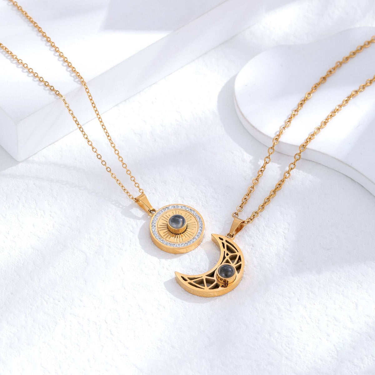 Gold sun and moon projection matching necklaces for couples - MERGE.DAY.1.FREESTYLE