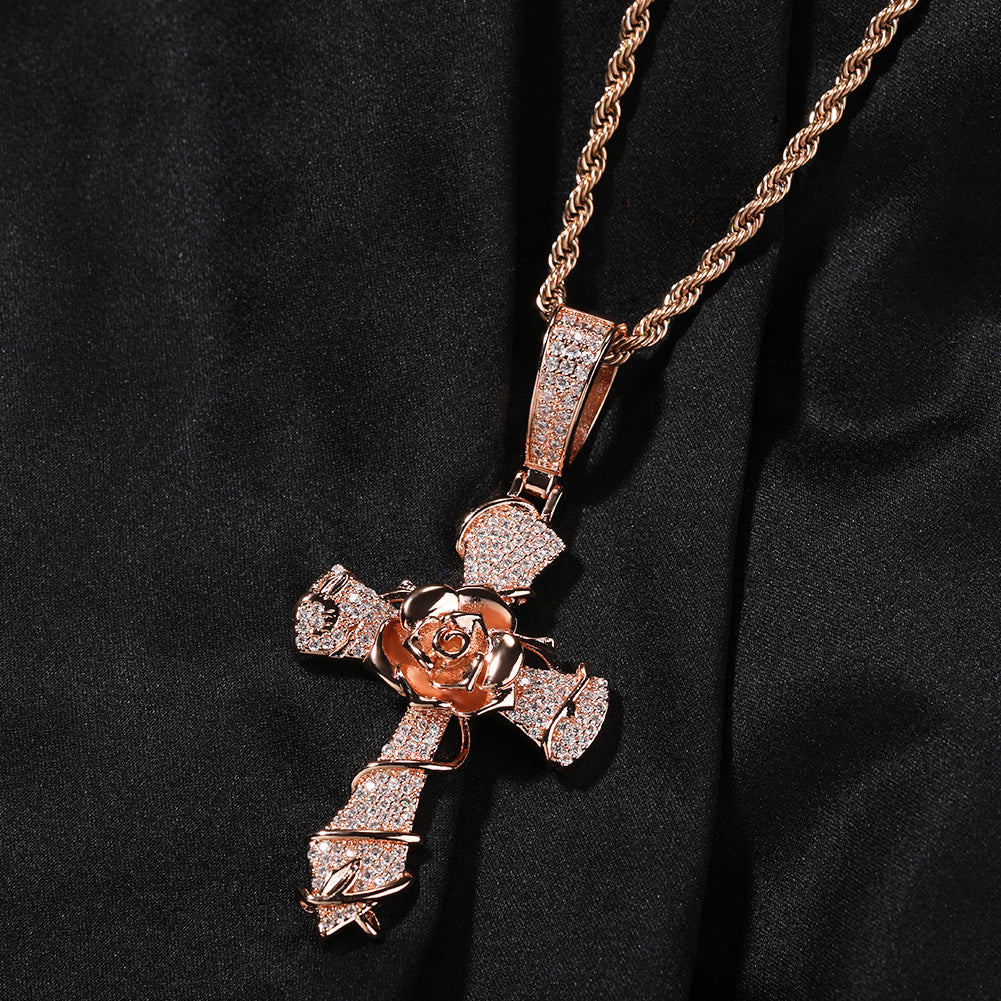 Copper set 5A zirconia rose cross pendant necklace - MERGE.DAY.1.FREESTYLE