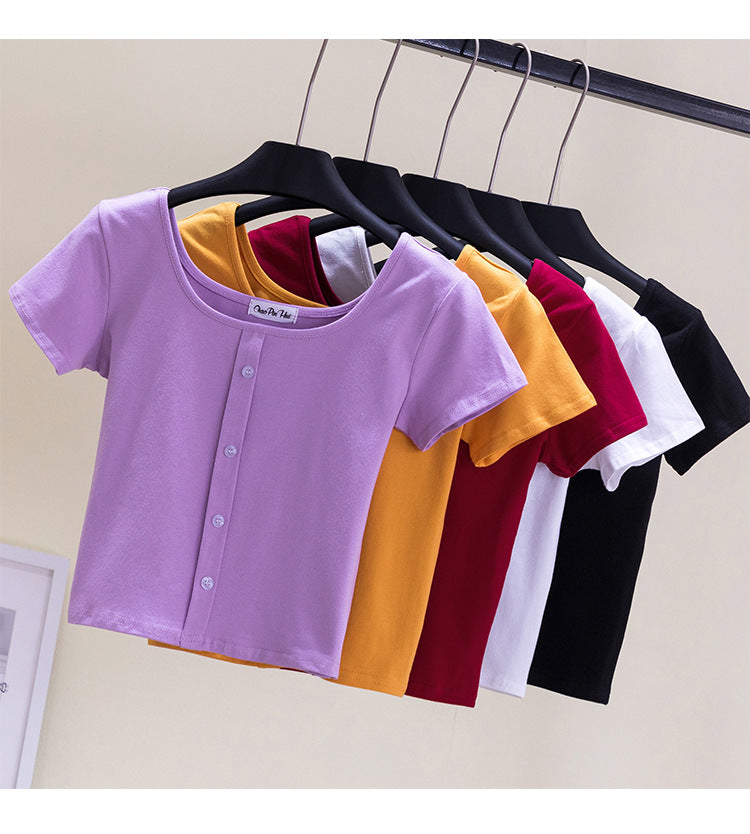 Collarbone Square Neck High Waist Navel T-Shirt Top - MERGE.DAY.1.FREESTYLE