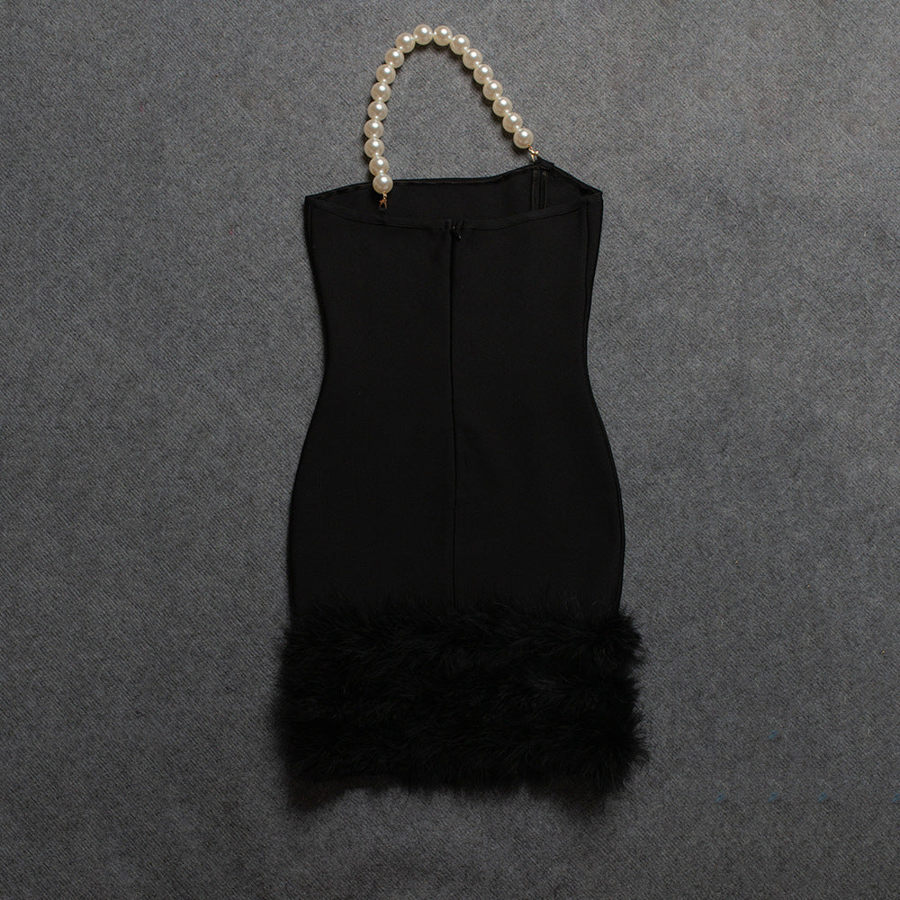 Sexy Tube Top Pearl One Shoulder Feather Decoration Cover Hip Bandage Dress - MERGE.DAY.1.FREESTYLE