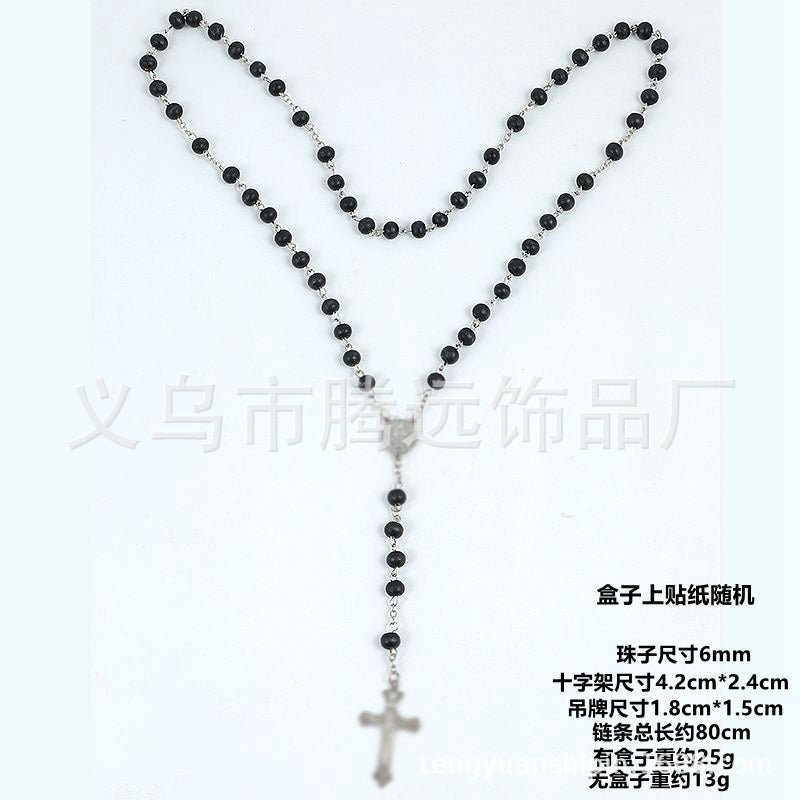 rosary necklace black wooden beads necklace - MERGE.DAY.1.FREESTYLE