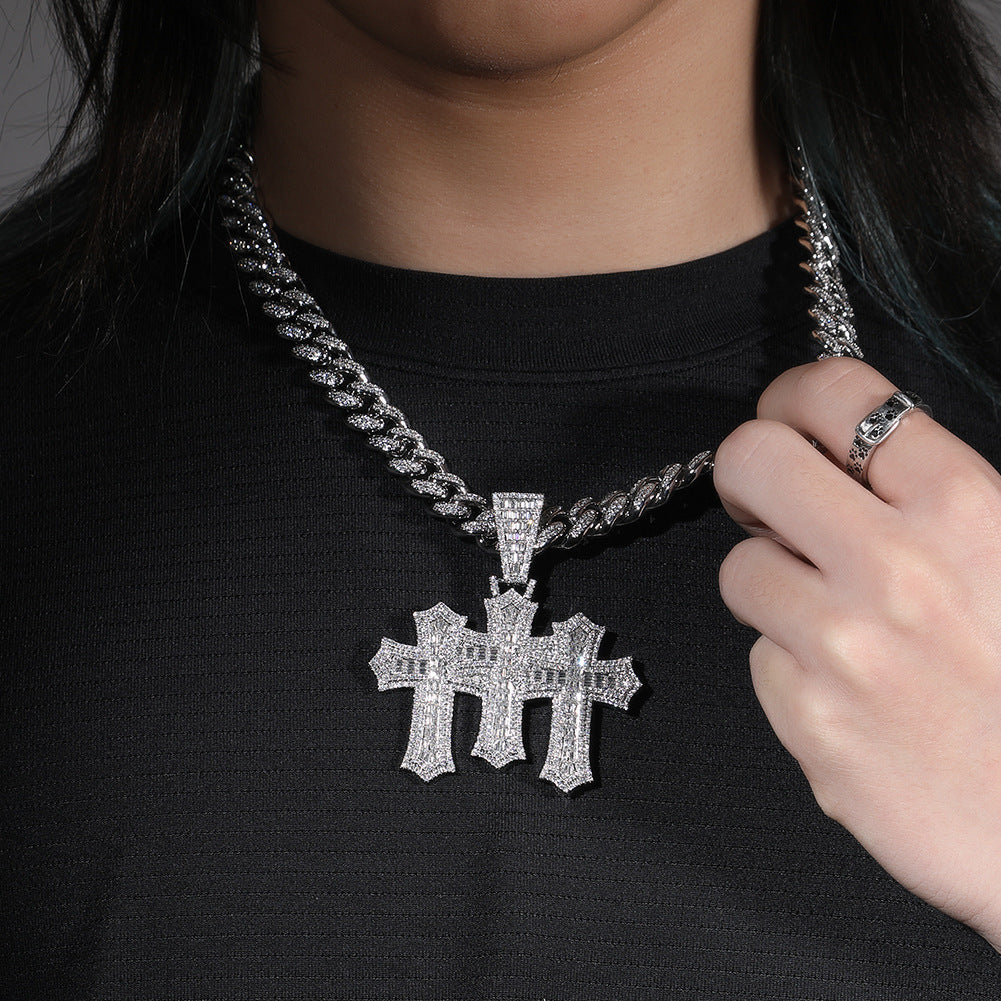 Hip-hop diamond-encrusted zircon three-cross Cuban necklace - MERGE.DAY.1.FREESTYLE