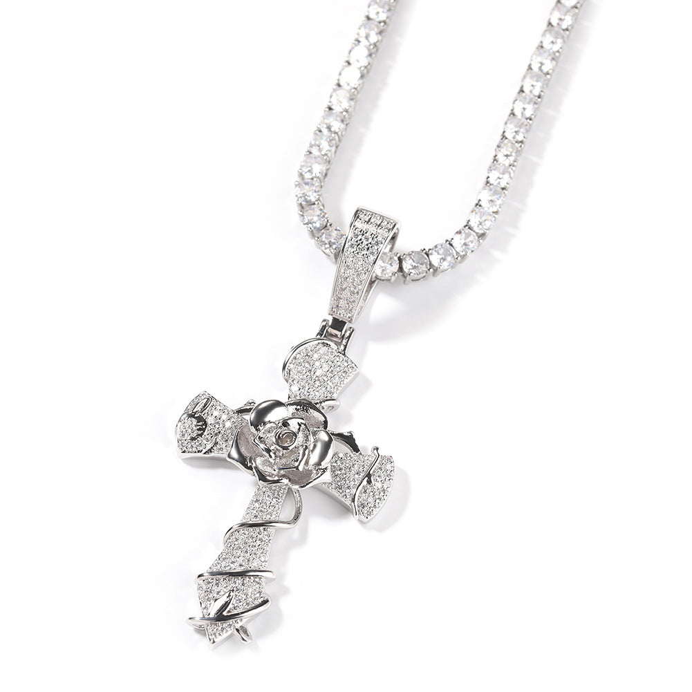 Copper set 5A zirconia rose cross pendant necklace - MERGE.DAY.1.FREESTYLE